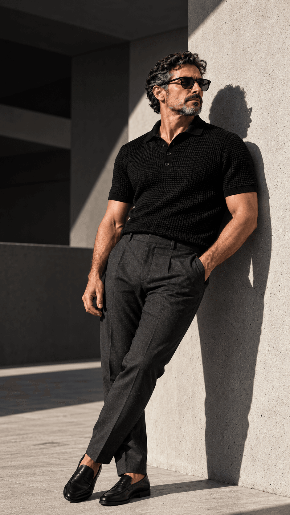 Modelo vestindo polo San Biarre & Co. preta em tricô waffle